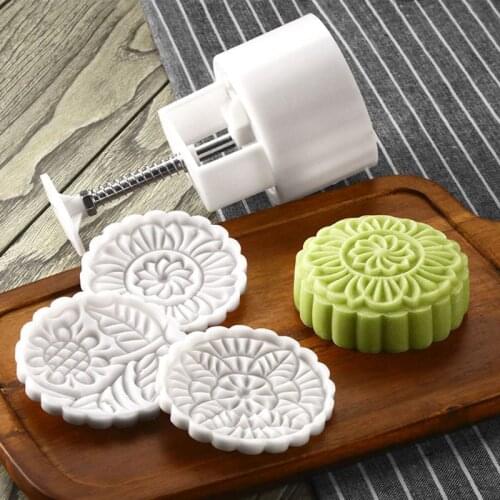 150g Mooncake Mold 1 Barrel with 3pcs Flower Stamps Hand Press Moon Cake Pastry Mould DIY Baking Bakeware Mid-autumn Festival