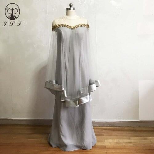 2018 YSF Mother of the Bride Dresses Silver O Neck Beaded Crystals Cape Chiffon Mermaid Formal Gown