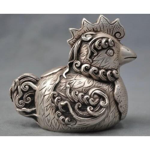 5'' Exquisite Chinese White Copper Feng Shui Zodiac Chicken Auspicious Statue