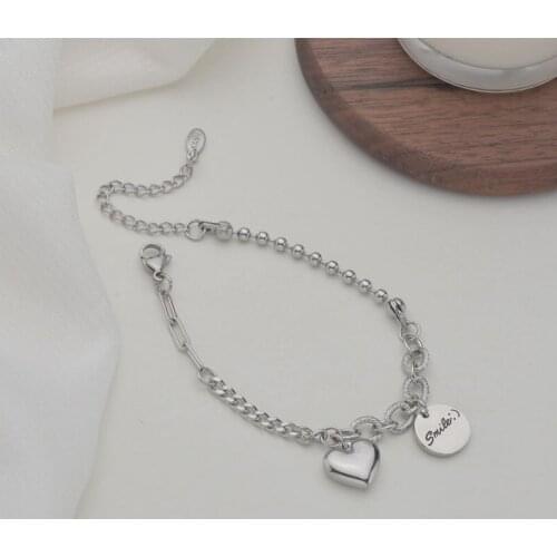 ALLNEWME INS Simple Letter Print Coin Pendant Bracelet for Women Asymmetric Cuban Chain Beads Love Heart Charm Bracelets Jewelry