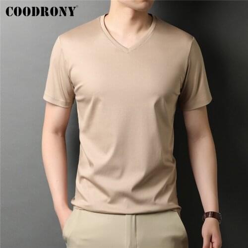COODRONY Brand High Quality 100% Cotton Summer Cool Tees Classic Pure Color Casual V-Neck Short Sleeve Cotton T Shirt Men C5197S
