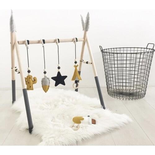 Wooden Frame Baby Gym Baby Fitness Rack Nordic Style Baby Toys Kids Rug Developing Mat Babygym Nursery Sensory Ring-pull Toy