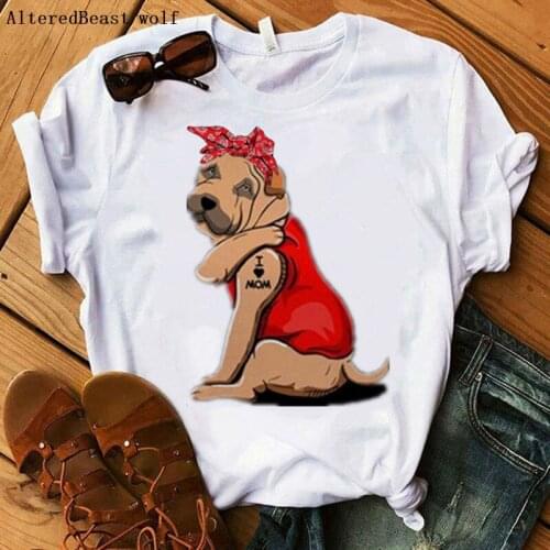 Shar Pei Dog Mom T Shirt Women Harajuku I Love Mom Bandana Short Sleeve Tshirt Women Summer O-neck Top Clothes T-shirt Female