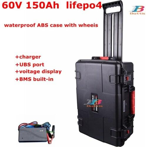 Waterprroof Lifepo4 60V 150Ah 130Ah 100Ah Lithium battery pack with BMS for trolling motor motorcycles outdoor power+10A charger