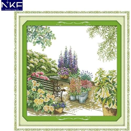NKF Flower Courtyard Pattern Counted Cross Stitch Set DIY Needlework Embroidery Scenery Design Cross Stitch Kits for Home Decor