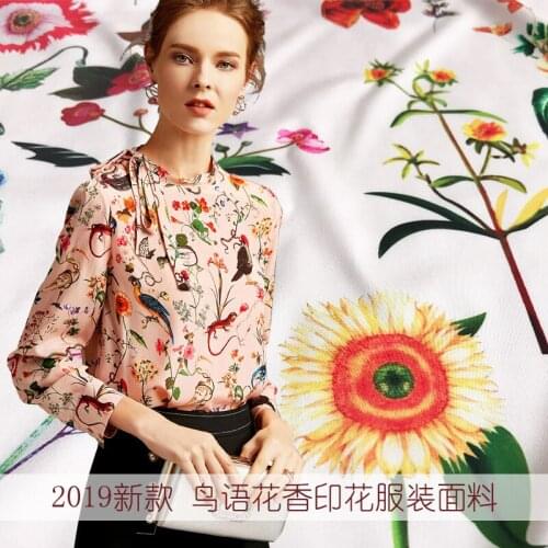 New bird floral printing fabric handmade DIY dress shirt fabric good simulation silk polyester fabric wholesale