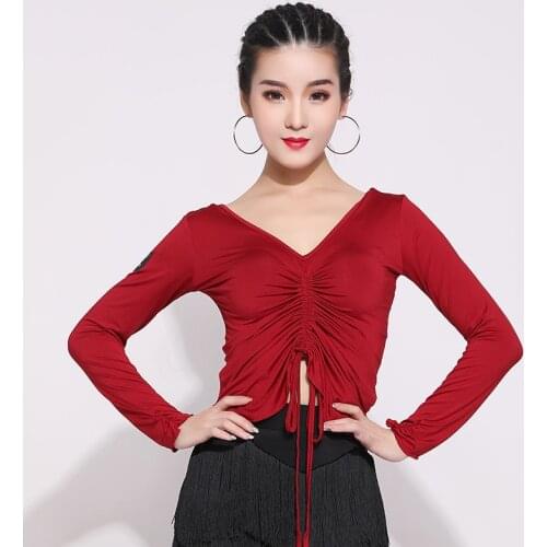Latin Dance Clothes Female Adult New Long Sleeves Top Samba ChaCha Ballroom Dance Practice Dress Sexy Wrinkled V-Neck Top BL4698