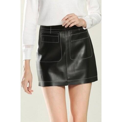 Autumn Winter New Luxury Sheepskin Womens A-Line Skirts Fashion High Waist Slim Fit Genuine Leather Pockets Ladies Wrap Skirts