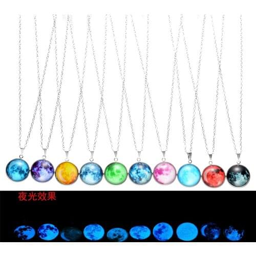 Blue Moon Glow In The Dark Moon Necklace Galaxy Planet Glass Pendant Necklace Sweater Chain Luminous Jewelry Women Special Gifts