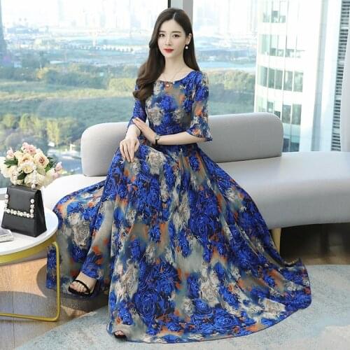 TingYiLi Spring Summer Floral Print Women Dress Big Swing Chiffon A-line Dress Elegant Ladies Short Sleeve Boho Long Maxi Dress