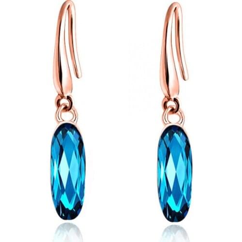MOONROCY Blue Crystal Earrings Dangle Silver Color Rose Gold Color Dropshipping Oval Jewelry Wholesale for Women OL Girls Gift