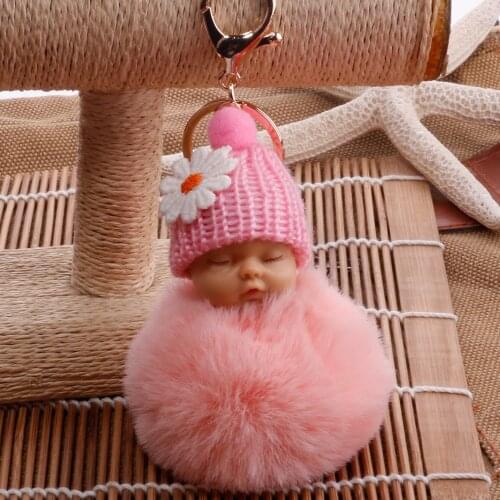 Sleeping Baby Doll Keychain Pompom Faux Rabbit Fur Ball Baby Toy Women Trinket Bag Charms stuffed animals