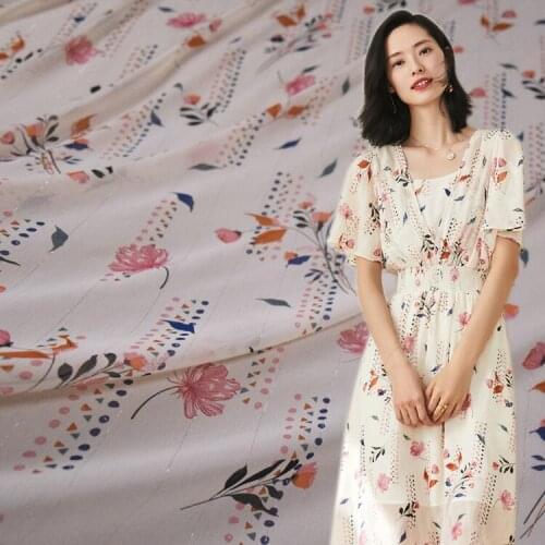 50*145cm Fresh Beige Floral Silver Silk Chiffon Crepe Fabric Dress Shirt Womens Childrens Clothing Handmade DIY Fabric