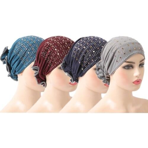 4Pcs Underscarf Women Chemo Cap Muslim Hijab Bonnet Rhinestone Flower Inner Cap Ninja Hat Beanie Turban Headwear Head Scarf Wrap