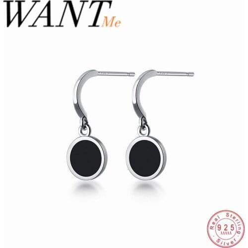 WANTME Fashion Korean Genuine 925 Sterling Silver Geometric Round Black Stud Earrings for Women Office Elegant Earrings Jewelry