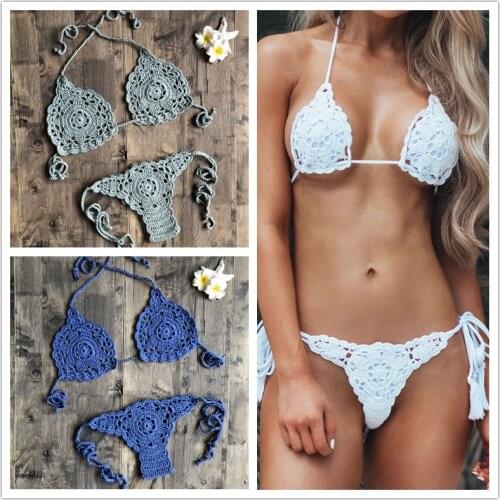 CROCHET BIKINI Sexy Set Women Crochet Swimsuit Solid Bikini Backless Swimwear Low Waist Bathing Suit Female Brazilian Bikini