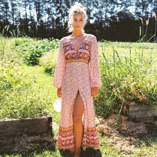 Bohemian Floral Printed Midi Dress Summer V-neck Long Sleeves Split Women Dresses Casual Vintage Boho Hippie Vestidos Mujer Robe