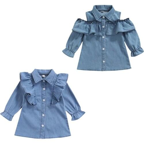 FOCUSNORM 1-6Y Autumn Lovely Kids Girls Denim Dress Ruffles Long Sleeve Turn Down Collar Single Breasted A-Line Dress