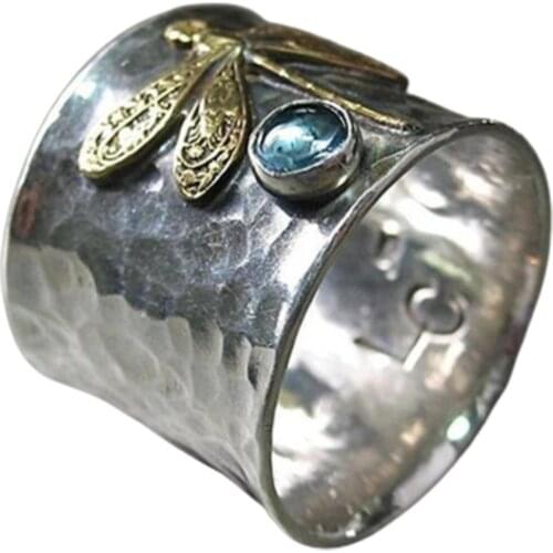 Women Elegant Finger Ring European and American Luxury Vintage Aquamarine Dragonfly Ring Insect Jewelry For Female Party Gift