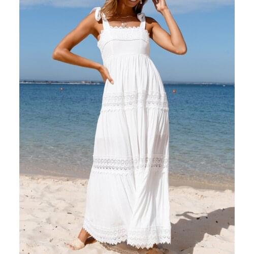 Ladies Beach Suspender Dresses 2021 Women Summer Lace Splicing Sleeveless Long Strap Dress White Sundress