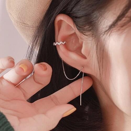 1 PCS 925 Sterling Silver Crystal Long Ear Cuff Women No Piercing Clip Earrings Jewelry Prevent Allergy EH1369