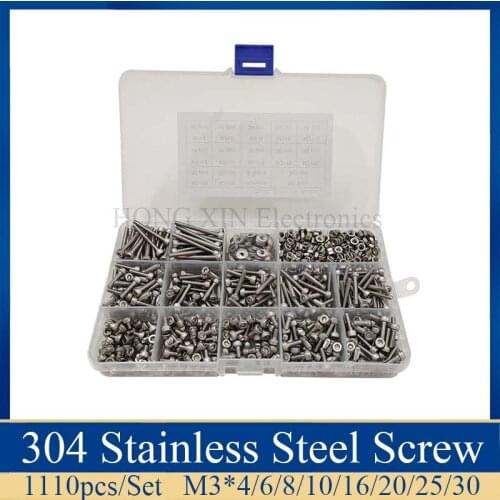 1110pcs/Set Stainless Steel M3 Socket Head Cap Screws and Nuts Flat Washer Assortment Kit with Tweezer