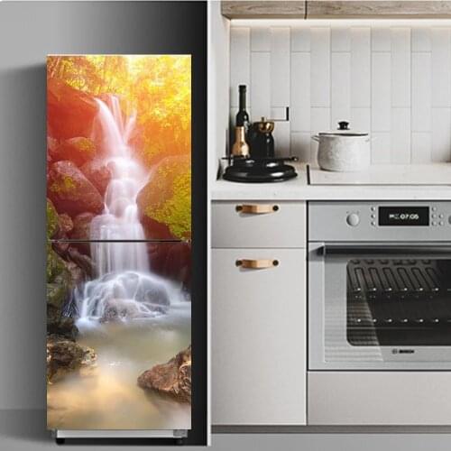 3D Mountain Stream Fridge Stickers Refrigerator Cover Door Landscape Vinyl Adhesive Kitchen Furniture Decor Wrap Freezer Sticker