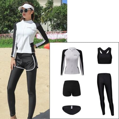 Womens 5Pcs Zip Sportswear Sets Quick Drying Yoga Suit Rash Guards Swimsuit Dive Skin Surf Dive Snorkel Bathing Suits Sun UV