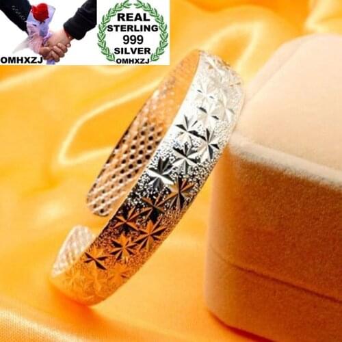 OMHXZJ Wholesale European Fashion Woman Girl Party Wedding Gift Shiny Resizable S999 Sterling Silver Cuff Bangle BA58