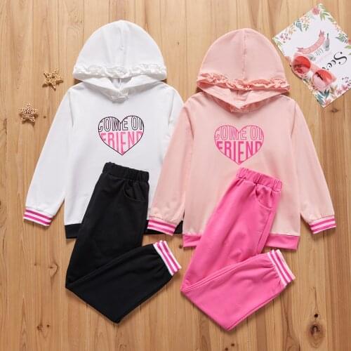PatPat 2-piece Kid Girl Letter Heart Print Stripe Ruffled Hoodie and Elasticized Pants Set