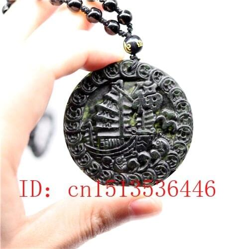 Chinese Black Green Jade Smooth Sailing Pendant Natural Hand Carving Necklace Fashion Amulet Luck Gifts Men Sweater Chain