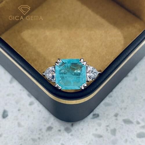 GICA 100% 925 Sterling Silver 10*10mm Paraiba Tourmaline Rings For Women Sparkling High Carbon Diamond Party Fine Jewelry Gifts