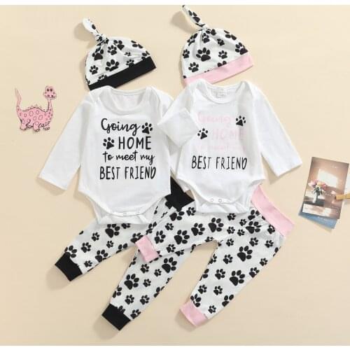 0-18M Newborn Baby Girl Boy Clothes Set Letter Long Sleeve Romper Tops Paw Print Pants Hat Autumn Spring Baby Outfit