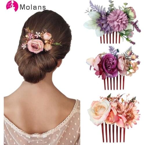 Molans Purple Cornflower Rose Hair Combs Beautiful Elegant Stimulation Flower Hair Comb Women Wedding Forest Photo Headpieces