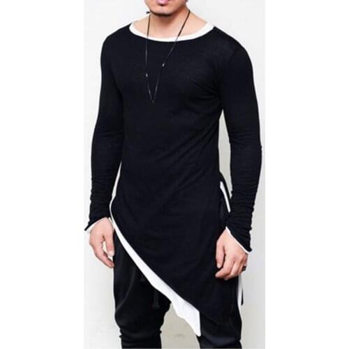 New Fashion Asymmetrical Men Long T shirt Side split long Sleeve T-Shirt Hip Hip Tops Tee vintage streetwear gothic tops