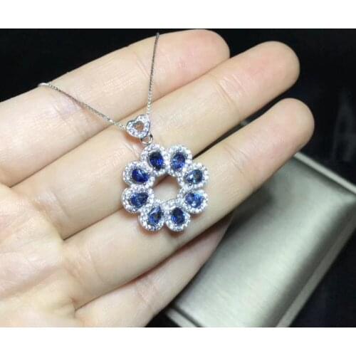Natural blue sapphire gem pendant S925 silver Natural gemstone Pendant Necklace trendy round Flower women gril party jewelry