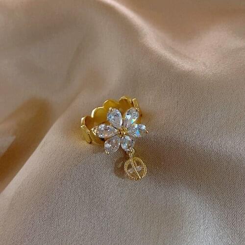 New Copper Plated Real Gold Inlaid Zircon Petals Drop Ring Niche Design Ring Female Fashion Personality Ins Trendy Luxury Ring