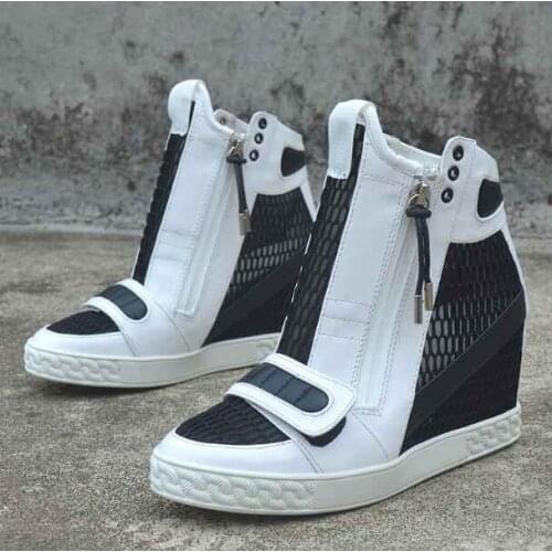 Girls Black White Patchwork 8 cm Height Increasing Wedge Sneakers Woman Hook Loop Zipper Decor Short Ankle Boots Casual Shoes