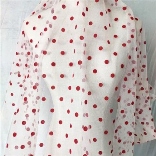 One meter Quality gauze fabric Red dot flocking tissu Dress window screen sofa laying material