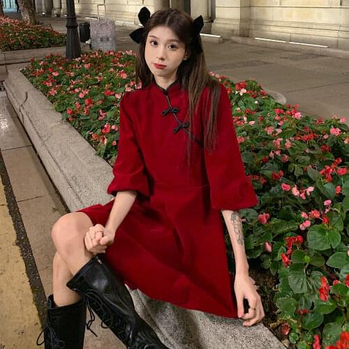 Long Sleeve Dress Plus Size 5XL Solid Mandarin Collar Cheongsam Mini Korean Sweet Style High Street Vintage Design Chic Stylish