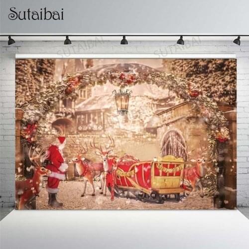 Christmas Photo Backdrops Santa Claus Elk Sled Vintage Lantern Arch Door Small Town Photography Background Baby Photocall Poster