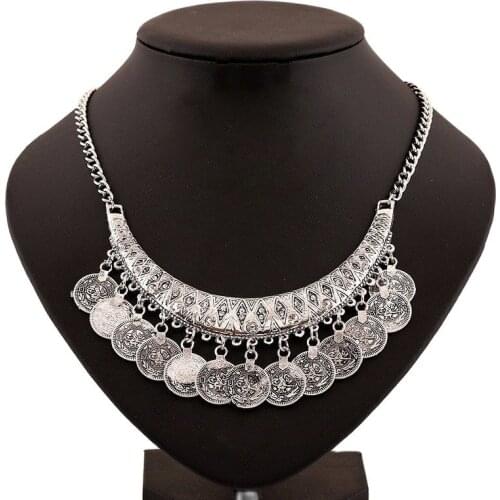 Bohemian Punk Retro Vintage Tribal Crystal Crescent Coin Fringe Bib Necklace Turkish Gypsy