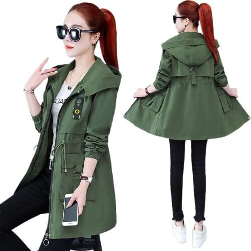 2021 Spring New Windbreaker Womens Mid-Length Hooded Womens Slim Fit Slimming Waist Trimming Versatile Coat