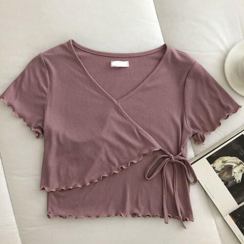 HELIAR Women Plain Knitted T-shirts Female V-neck Tees Short Sleeve Tops Women Tops Chic Tees 2021 Summer