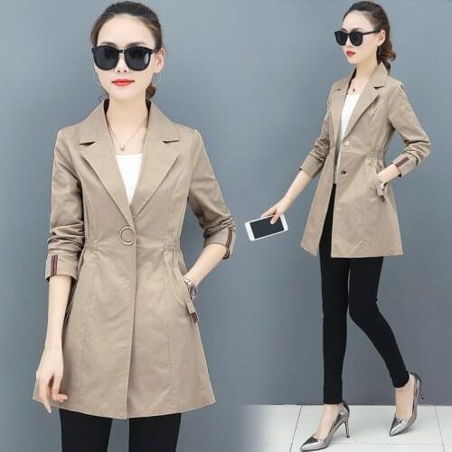 2021 Mid-length Windbreaker Women Spring Autumn Button Coat Female Solid Color Turn-Down Collar Slim Trench Overcoat Plus Size