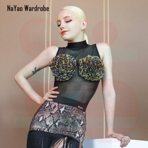 2021 New Latin Dance Dress Women Plus Flower Chest Latin Dance Tops Bodysuit Samba Tango Chacha Dancing Performamnce TL767