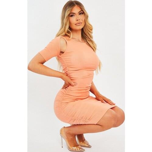 Women Summer Solid Color Pencil Dresses Robe Femme Hollow Out Shrinkage O-Neck Short Sleeve Slim Hips Dress For Woman Vestidos