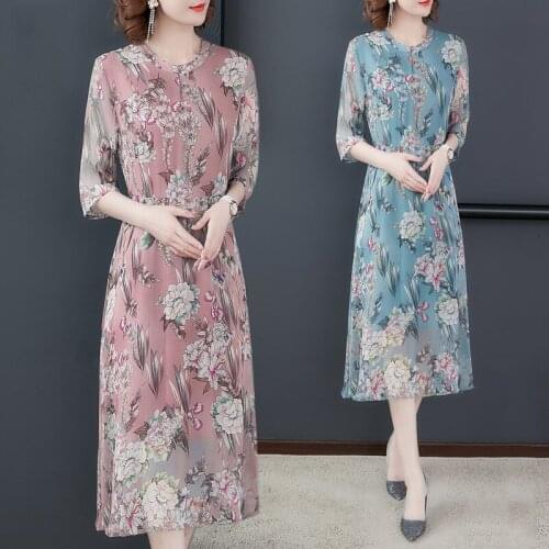 Women chiffon dress 2019 spring summer fashion female elegant print floral short sleeve loose a-line dress M-4XL