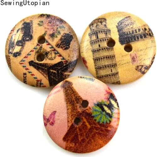 50PCS 2 Holes European Tower Wood Buttons for Clothes Crafts Sewing Decorative Needlework Scrapbooking DIY Accessories 20MM