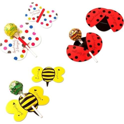 50pcs Cute Insect Bees Ladybug Butterfly Wedding Lollipop Decorations Card Kids Birthday Party Supplies Candy Gift for Children